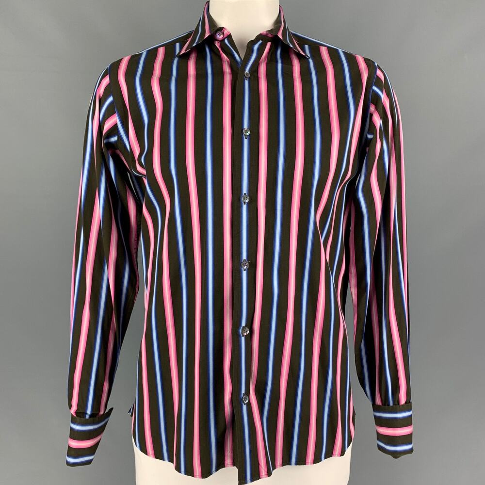 TED BAKER Size M Brown Pink Stripe Cotton French Cuff Long Sleeve Shirt